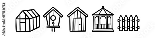 Minimalist hand-drawn garden icons featuring a greenhouse, birdhouse, shed, gazebo, and picket fence. Vector line art set for backyard and outdoor living themes.