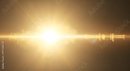 Bright Lens Flare Effect with Golden Light Streaks and Bokeh on Dark Background