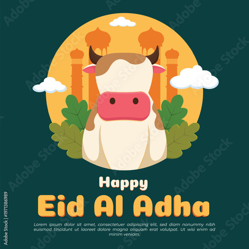 Happy Eid Al Adha Greeting Card with Cow Illustration