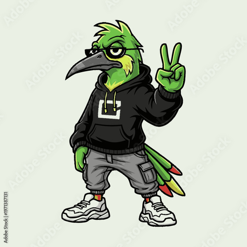 Cool green bird cartoon mascot in streetwear, wearing a black hoodie and sunglasses, making a peace sign, urban animal character illustration