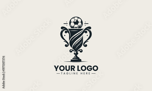 Black soccer trophy with ball on top is presented as elegant monochrome vector logo on clean white background for sports competition and championship branding use