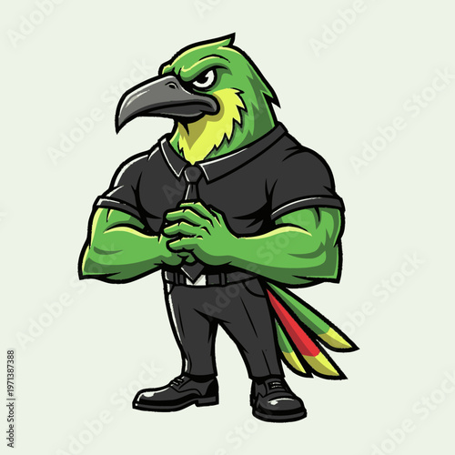 Strong green parrot mascot character in black shirt and tie, looking tough, cartoon vector illustration with crossed arms
