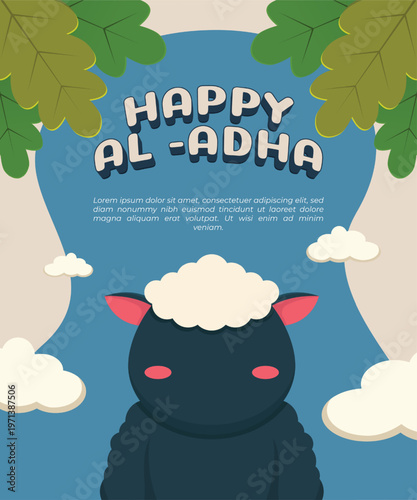 Happy Eid al-Adha Greeting Card with Cute Sheep Illustration