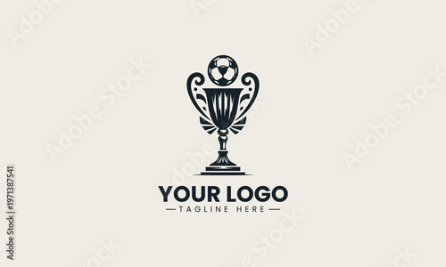 Black soccer trophy with ball on top is presented as elegant monochrome vector logo on clean white background for sports competition and championship branding use