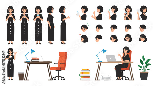 Character set showing a woman in a black dress in different poses and situations including working at an office desk.