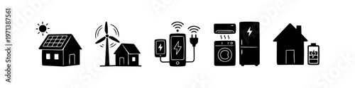 Hand-drawn set of smart home and renewable energy icons featuring solar panels, wind turbines, energy monitoring, smart appliances, and battery storage. Clean black and white line art.