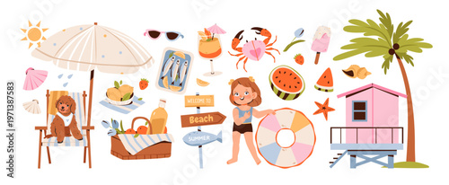 Summer beach set with girl, umbrella, and tropical elements. Cute seaside vacation collection with food, drinks, and relaxation items. Perfect for travel, tourism design.