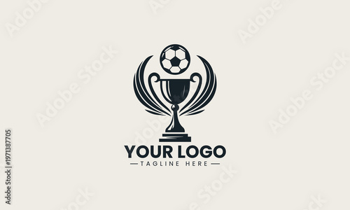 Black soccer trophy with ball on top is presented as elegant monochrome vector logo on clean white background for sports competition and championship branding use