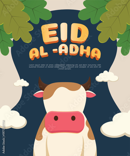 Eid al-Adha Celebration with Cartoon Cow Illustration