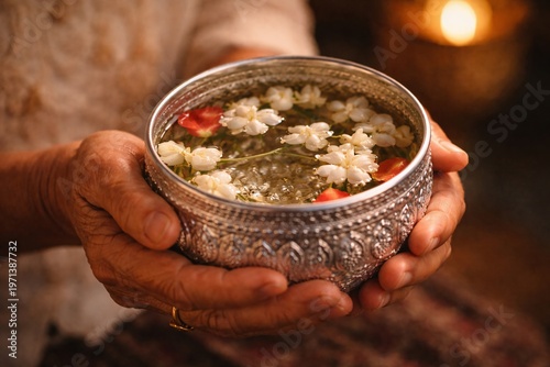 Elderly hands holding silver bowl with jasmine flowers for Songkran