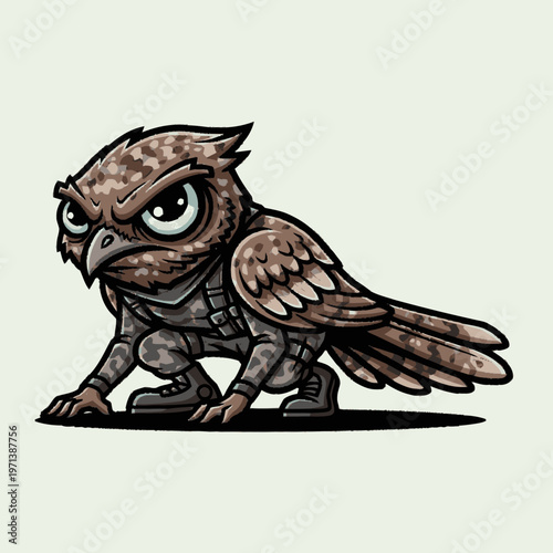 Fierce cartoon owl in tactical camouflage uniform crouching, ready for action. Aggressive military bird mascot vector illustration.