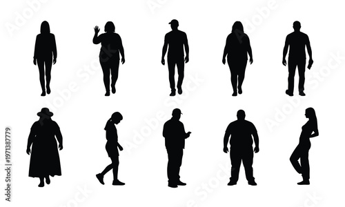 Collection of diverse people silhouettes, isolated on white background, mixed adult body shapes, standing and walking poses, black vector set