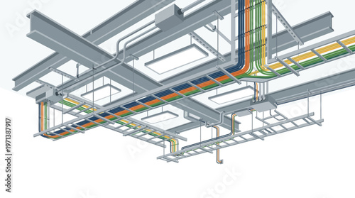 Industrial Cable Management System with Multicolored Wiring and Ceiling Infrastructure Illustration