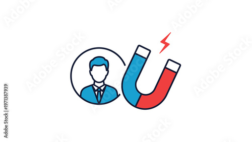 Customer retention and lead generation concept icon featuring professional person silhouette being attracted by magnet.