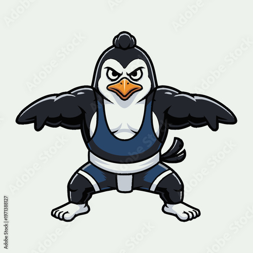 Cartoon penguin wrestler mascot in fighting stance, strong and determined animal character illustration