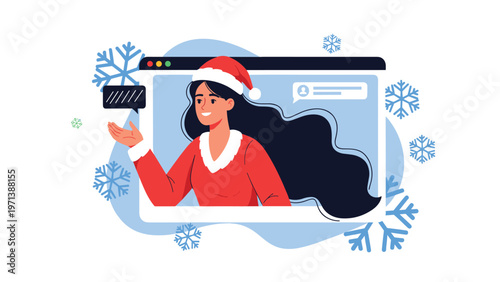 Woman wearing festive Santa hat greeting through video call on laptop screen decorated with winter snowflakes.