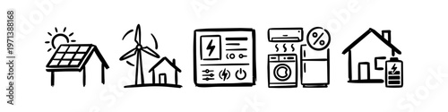 Set of hand-drawn icons showcasing renewable energy concepts like solar panels, wind turbines, smart home energy management, and battery storage for a sustainable lifestyle.