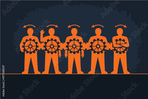 Team Productivity System Concept with Interconnected Human Gear Mechanisms Representing Synchronized Workflow and Operational Efficiency Illustration