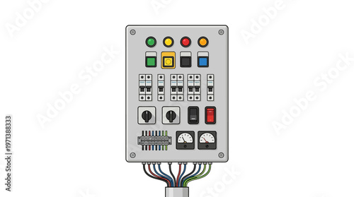 Industrial Electrical Control Panel Illustration with Circuit Breakers and Indicator Lights