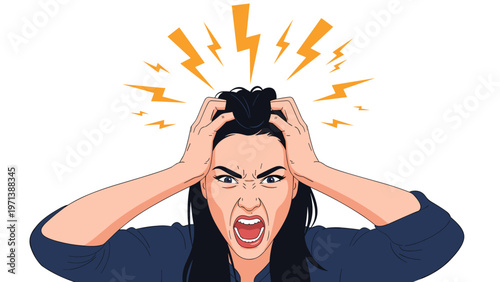 Angry woman screaming with hands on her head surrounded by lightning bolt symbols representing stress or rage.