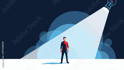 Lone man standing in bright diagonal beam of stage light on dark background symbolizing discovery or mystery.