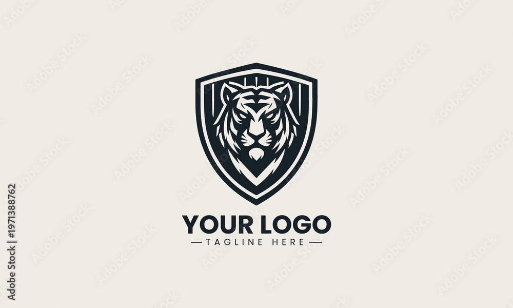 Obraz premium Black tiger head inside shield shape is presented as strong monochrome vector logo on clean white background for sports and security branding use