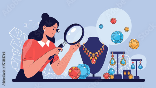 Expert jeweler woman using magnifying glass to inspect precious gemstones and luxury jewelry pieces in workshop.