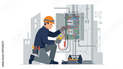 Professional Electrician Repairing and Testing Electrical Panel with Multimeter - Vector Illustration for Maintenance and Construction Services