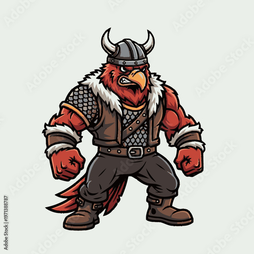 Mighty red bird character in Viking warrior attire with horned helmet and fur, strong cartoon mascot illustration