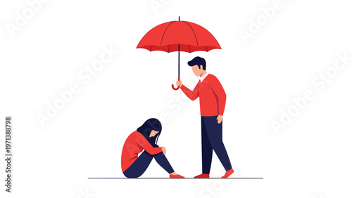 Supportive man holding red umbrella over sad woman sitting on ground showing kindness and emotional comfort.