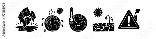 Set of black and white icons representing climate change, global warming, melting ice, drought, and environmental pollution. Vector illustration for ecology and sustainability concepts.