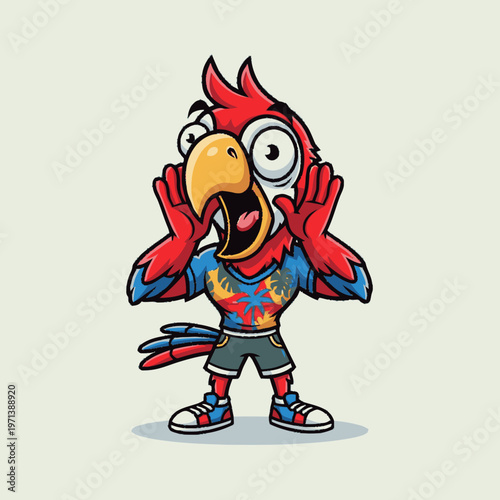 Excited tropical parrot cartoon character in a vibrant Hawaiian shirt and shorts, yelling with hands cupped, vector illustration for summer fun.