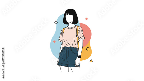 Fashionable girl character with backpack wearing casual pink t-shirt and denim shorts in stylish pose.