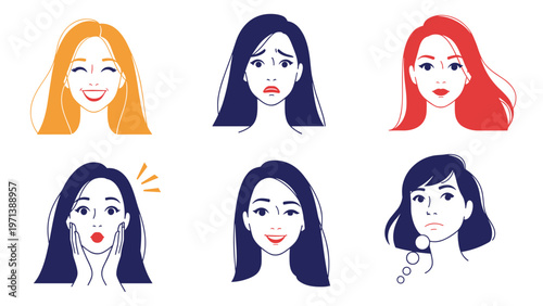 Collection of six female character faces showing diverse emotions including joy sadness surprise and contemplation.