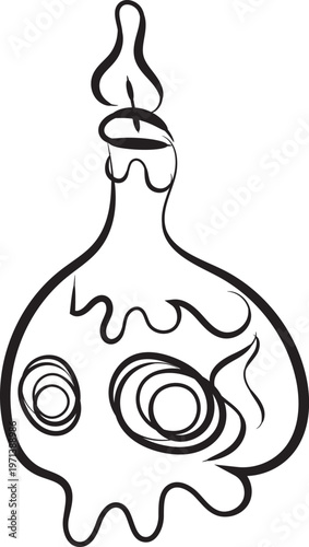 A vintage vector illustration of an old wicker wine bottle, a ceramic dish, and a flickering candle isolated as a decorative black and white beverage object