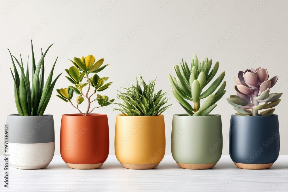 Naklejka premium Row of colorful potted plants and succulents in modern ceramic pots on white table