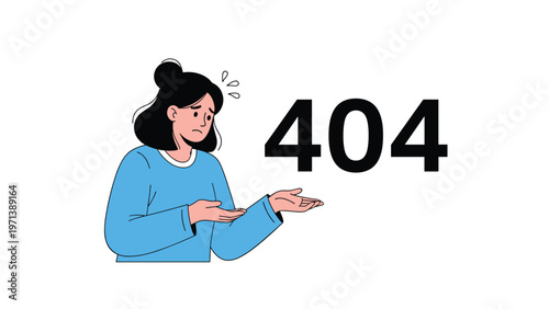 Confused woman shrugging her shoulders next to large 404 text representing website error and lost connection.