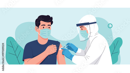 Healthcare professional in protective gear administering vaccine injection to patient in medical clinic setting.
