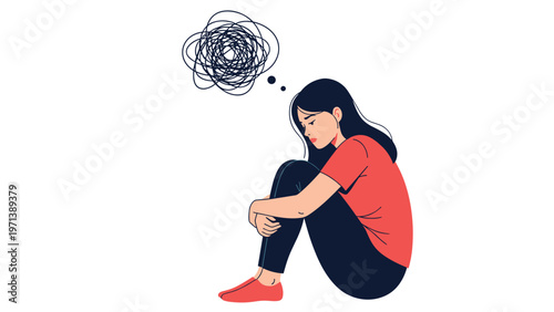 Sad woman sitting alone with knees hugged and scribble bubble representing depression and mental health issues.