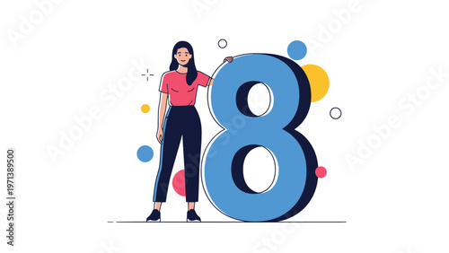 Young woman standing beside a giant blue number eight symbol representing an eighth anniversary celebration or numerical milestone.