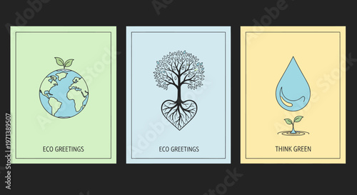 Eco Greetings Cards Featuring Earth, Tree of Life Heart, and Water Drop with Seedling