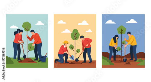 Gardening and planting trees outdoors - a series of illustrations depicting people engaged in eco-friendly activities and promoting environmental awareness