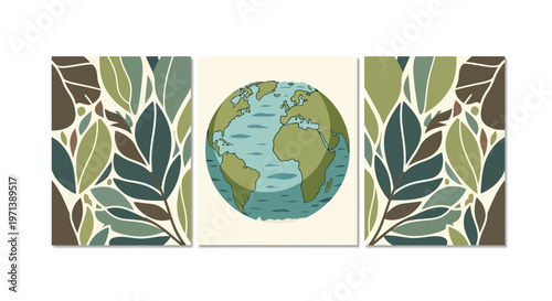 A beautiful and eco-friendly triptych artwork featuring a stylized planet Earth surrounded by lush green and brown leaves, evoking a sense of nature and environmental awareness