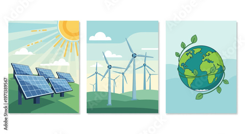 Conceptual illustrations on renewable energy sources solar power technology, wind energy generation, and the vital concept of environmental sustainability for a greener planet