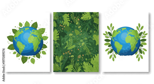 Illustration of Earth surrounded by lush green foliage and nature elements, symbolizing environmental conservation and sustainability