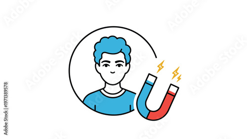 Illustration of a young man inside a circle being drawn by a large magnet symbolizes lead generation and customer attraction strategies.