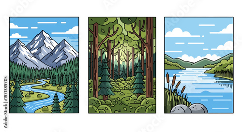 A vibrant collection of charming illustrated nature landscapes, showcasing majestic mountains with winding rivers, dense lush forests, and serene lakesides under clear skies