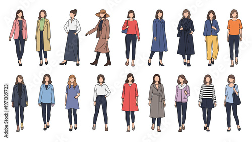 Diverse collection of female fashion illustrations showing women in various stylish outfits including coats, dresses, and trousers.