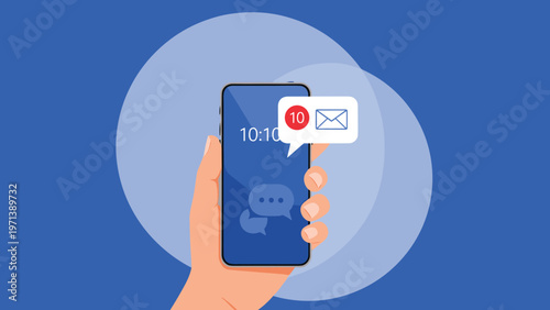 Hand holding a blue smartphone with a speech bubble and an email icon showing ten new messages on a blue background.