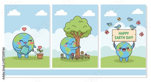 Cute cartoon Earth characters celebrate environmental responsibility by nurturing plants, embracing trees, and promoting a positive message for a happy and healthy planet